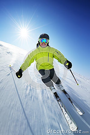 Skier on pise in high mountains Stock Photo