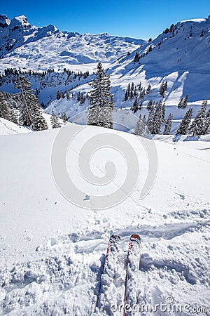 Skier ready to go skiing on the Ski slopes in Hoch-Ybrig ski res Stock Photo