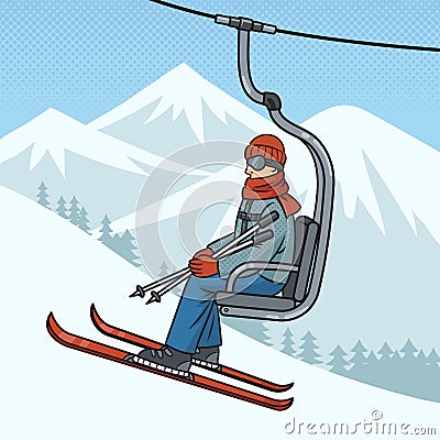 skier rides mountain on ski lift pop art vector Vector Illustration