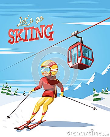 Skier on ski slope , cable car and mountains in background Cartoon Illustration