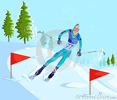 Skier Skiing on downhill Vector Illustration