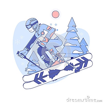 Skier skiing in ski resort.Winter activities rest.Line vector illustration Cartoon Illustration