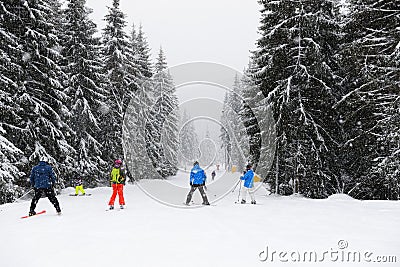 The skier is on slope in Bukovel ski resort Stock Photo