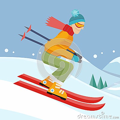 Skier on Slope Vector Illustration in Flat Design Vector Illustration