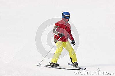 Skier on the snow. First steps. Winter sport. Stock Photo