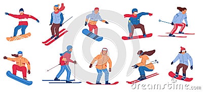 Skier and snowboarder. Cartoon people in winter clothing doing winter sport activities. Vector mountain skiing and Vector Illustration