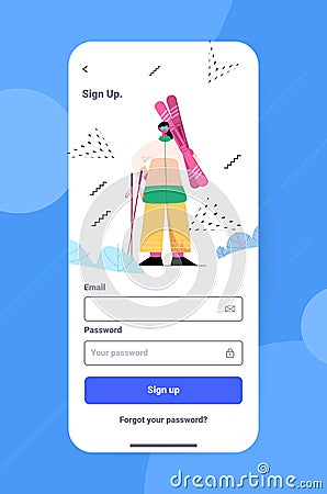 skier woman holding skis winter vacation ski resort mobile app on smartphone screen full length vertical Vector Illustration