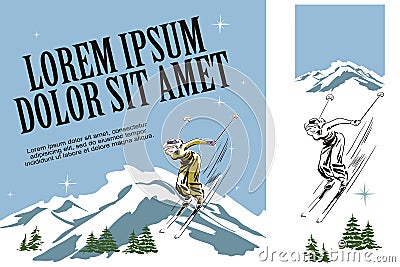 Skier woman. Illustration in retro style of advertising. Vector Illustration