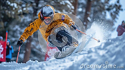 Skier in yellow jacket moves at mountain slope, man skiing downhill with splash of snow in winter. Concept of sport, powder, Stock Photo