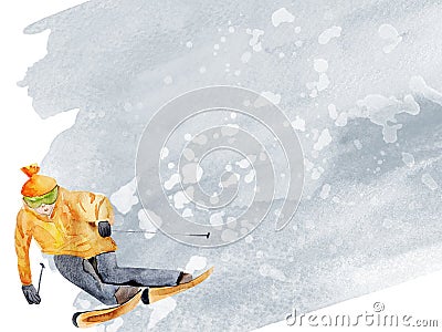 Skier in yellow suit on blue watercolor stain background Cartoon Illustration