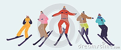 Skiers Characters In Row. Winter Sports Enthusiasts Who Gracefully Navigate Downhill Slopes Using Skis, Vector Vector Illustration