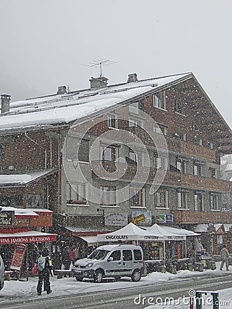 Skiers come back to town in a snowstorm Editorial Stock Photo