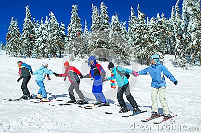 Skiers come upstairs Stock Photo