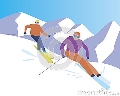 Skiers competition, extreme sport as downhill skiing concept, flat vector stock illustration with people at ski resort Vector Illustration