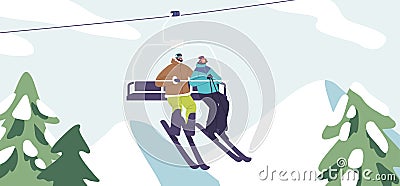 Skiers Couple, Bundled In Gear, Ascend A Snowy Mountain On A Ski Lift, Eagerly Anticipating Their Downhill Adventure Vector Illustration