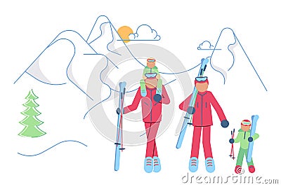 Skiers family on winter Mountain Landscape Vector Illustration