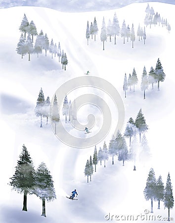 Skiers are seen descending a mountain Cartoon Illustration