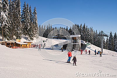 Skiers on ski slope on Kubinska Hola ski restort during winter Editorial Stock Photo