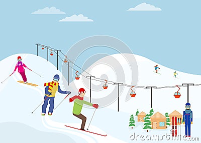 Skiers, skiers slide down the slopes. Ski resort. Cartoon Illustration