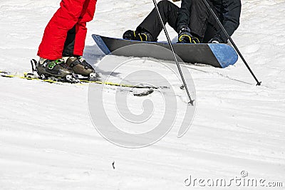 skiers on a snow slope for beginners on a sunny day. active Stock Photo