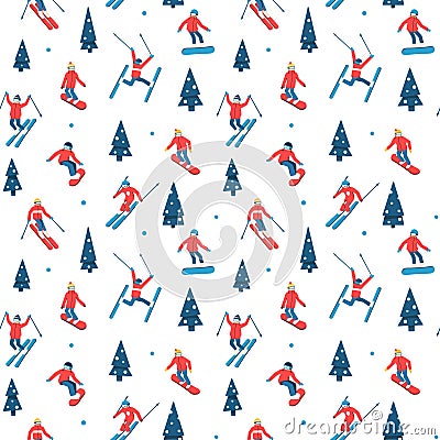 Skiers and snowboarders cartoon flat style. Ski resort. Winter sport activity. Seamless pattern Vector Illustration