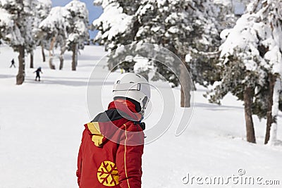 Skiers on snowy forest slope. White mountain landscape. Winter Editorial Stock Photo