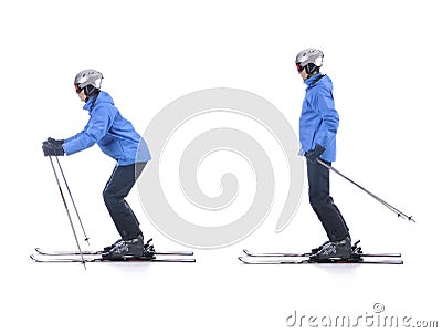 Skiier demonstrate how to push away in skiing. Sliding. Stock Photo