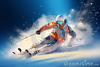 Skiiing, cutting snow. Bright, sky and powder Stock Photo