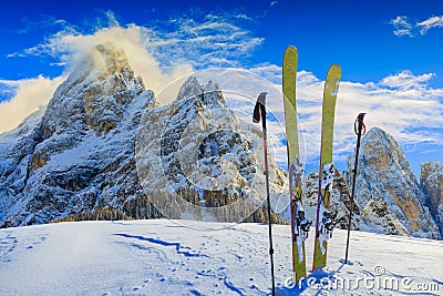 Skiing with amazing panorama of Pale di Sant Martino di Castrozza. Stock Photo