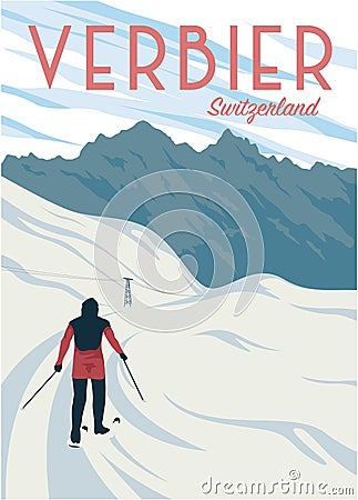 skiing with amazing view in verbier poster vintage illustration design, switzerland national park poster Vector Illustration