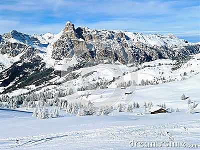 Skiing at Dolomiti Superski - View across the ski areal between Alta Badia, Corvara and Arabba, D Stock Photo