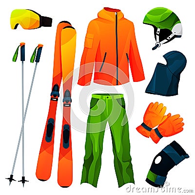 Skiing equipment, sport tools collection, icon set Vector Illustration