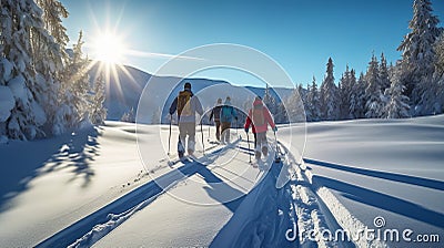 Skiing, family holidays in snow-capped mountains, winter resort on an alpine slope Stock Photo