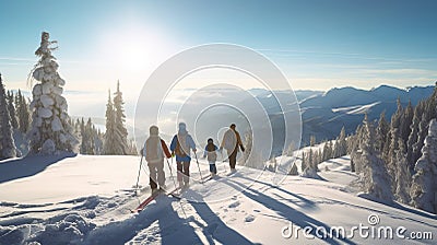 Skiing, family holidays in snow-capped mountains, winter resort on an alpine slope Stock Photo