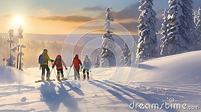 Skiing, family holidays in snow-capped mountains, winter resort on an alpine slope Stock Photo