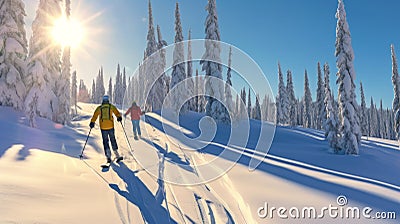 Skiing, family holidays in snow-capped mountains, winter resort on an alpine slope Stock Photo