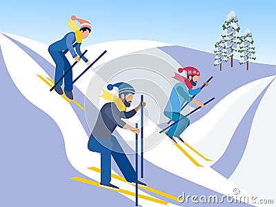 Skiing. Friends go down from the mountains on skis. In minimalist style. Cartoon flat raster Stock Photo