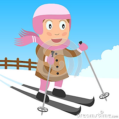 Skiing Girl in the Park Vector Illustration