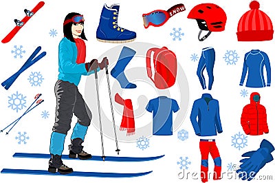 Skiing icons set of complete ski and snowboard outfit and ski resort equipment Vector Illustration