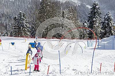 Skiing lessons for children at ski resort Krasnaya Polyana Russia Stock Photo