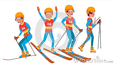 Skiing Male Player Vector. Slope Competition. Recreation Lifestyle. In Action. Cartoon Character Illustration Vector Illustration