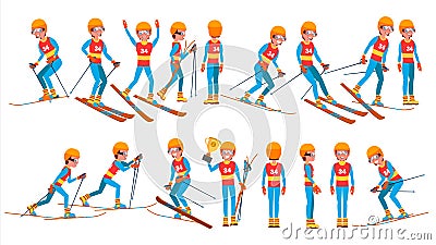 Skiing Male Player Vector. Winter Games. Competing In Championship. Playing In Different Poses. Man Athlete. Isolated On Vector Illustration