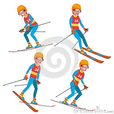 Skiing Player Male Vector. Winter Activities Rest. Ski Resort. Isolated Flat Cartoon Character Illustration Vector Illustration