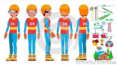 Skiing Man Player Male Vector. Extreme Speed On Downhill. Cold Downhill. Cartoon Athlete Character Illustration Vector Illustration