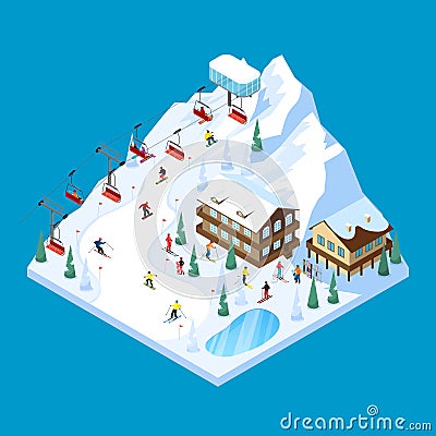 Skiing Mountain Isometric Landscape Vector Illustration