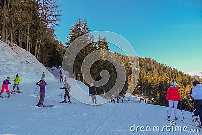 Skiing in the mountain ski resort Les arcs- La Plagne, France. Editorial Stock Photo