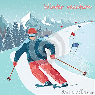 Winter sports. Skiing. Alpine skiing trail. Active leisure and sports. Vector Illustration