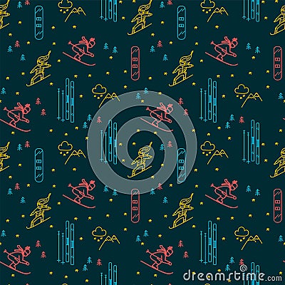 Skiing pattern. A skier descends from a high-speed slope, clothes for the cold season. Linear doodle winter pictographs Vector Illustration