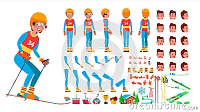 Skiing Player Male Vector. Animated Character Creation Set. Man Full Length, Front, Side, Back View, Accessories, Poses Vector Illustration