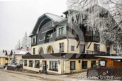 Skiing resort Semmering, Austria. Beautiful traditional chalet, hotel in austrian Alps in winter. Editorial Stock Photo